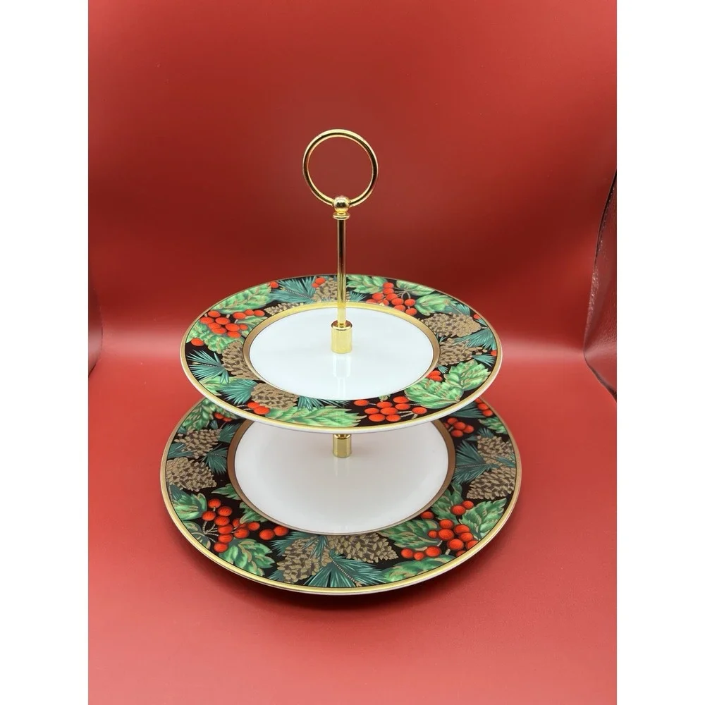 Fitz & Floyd Holiday Pine Bone China 2 Tiered Cookie Dessert Plate Server